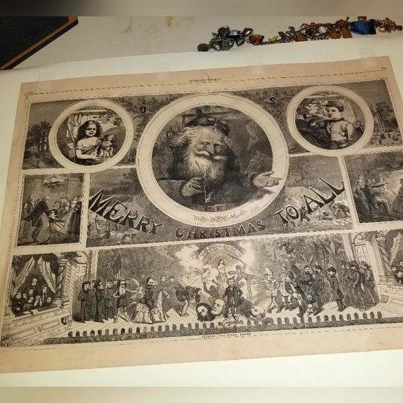 C1865 HARPERS WEEKLY civil war CENTERFOLD ENGRAVING Christmas THOMAS NAST SANTA - Picture 2 of 9